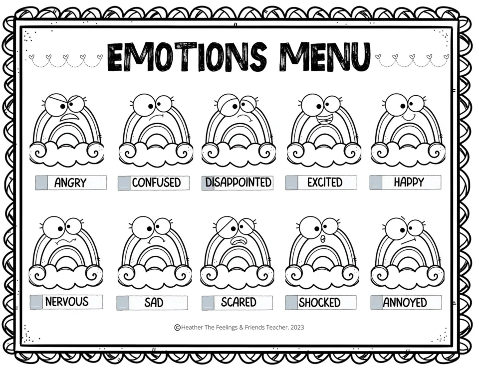 Black-and-white Emotions Menu: the same 10 labeled rainbow feeling faces, from angry to annoyed, for students to color