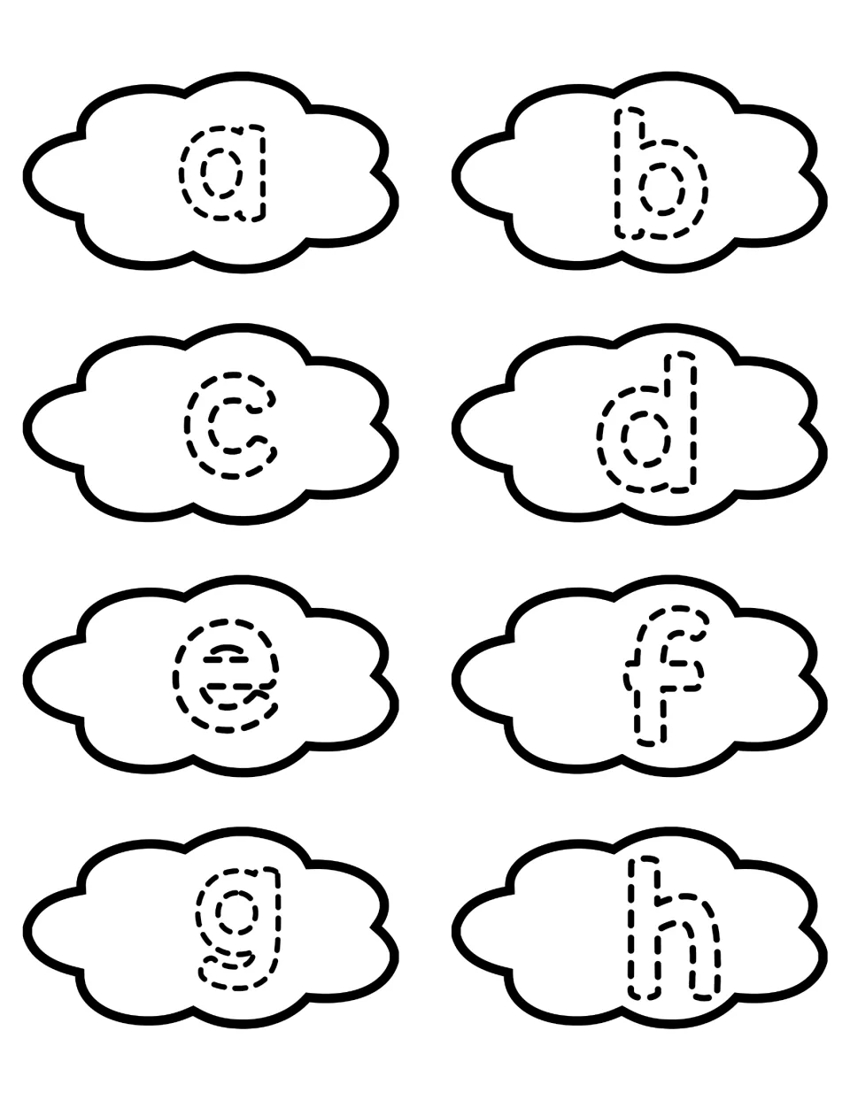 Lowercase letters a to h on 8 cloud cut-outs: students trace each dotted letter, then cut it out to match to its capital