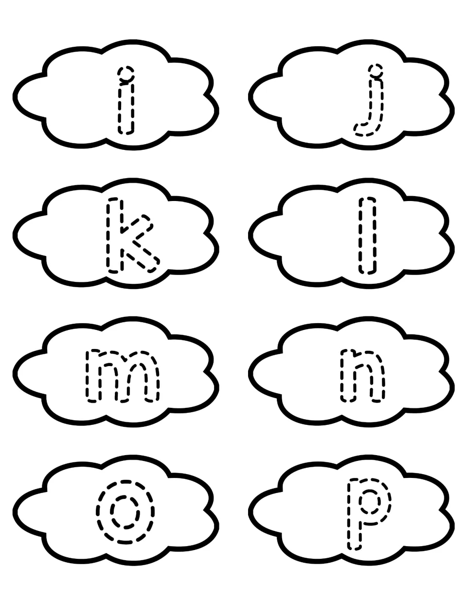 Lowercase letters i to p on 8 cloud cut-outs for tracing practice, ready to cut and pair with uppercase rainbow letters