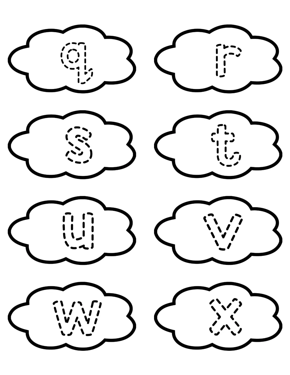 Lowercase q to x on 8 traceable cloud cut-outs; students trace each letter and cut it out for uppercase matching