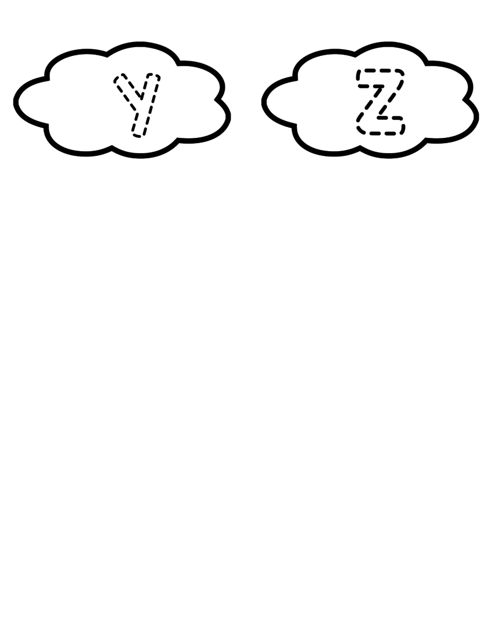 Lowercase y and z on the final 2 cloud cut-outs, completing the traceable lowercase alphabet set for letter matching