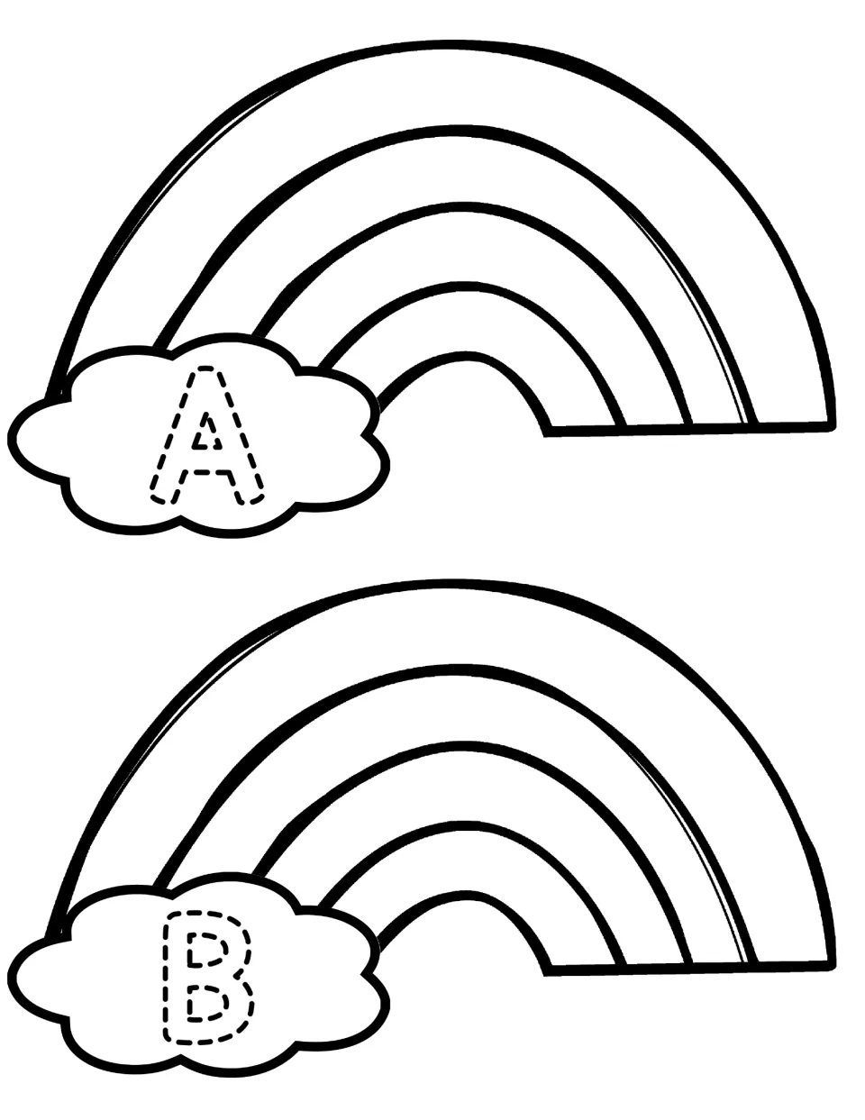 Uppercase A and B rainbows to color: students trace the capital letter on each cloud and match it to its lowercase cloud