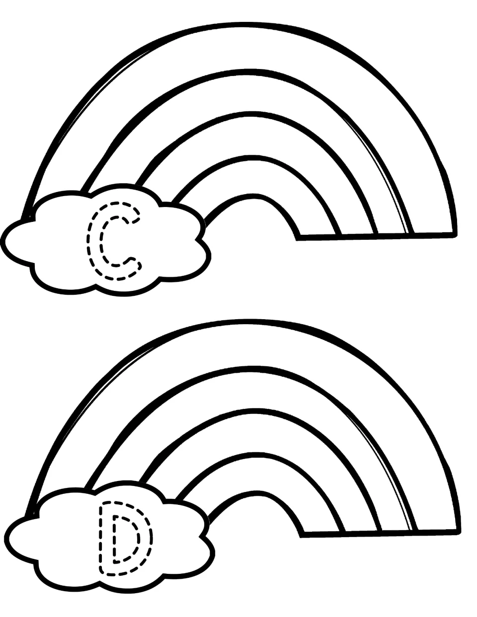 Uppercase C and D rainbow coloring pieces, each with a traceable capital letter on a cloud for upper-lowercase matching