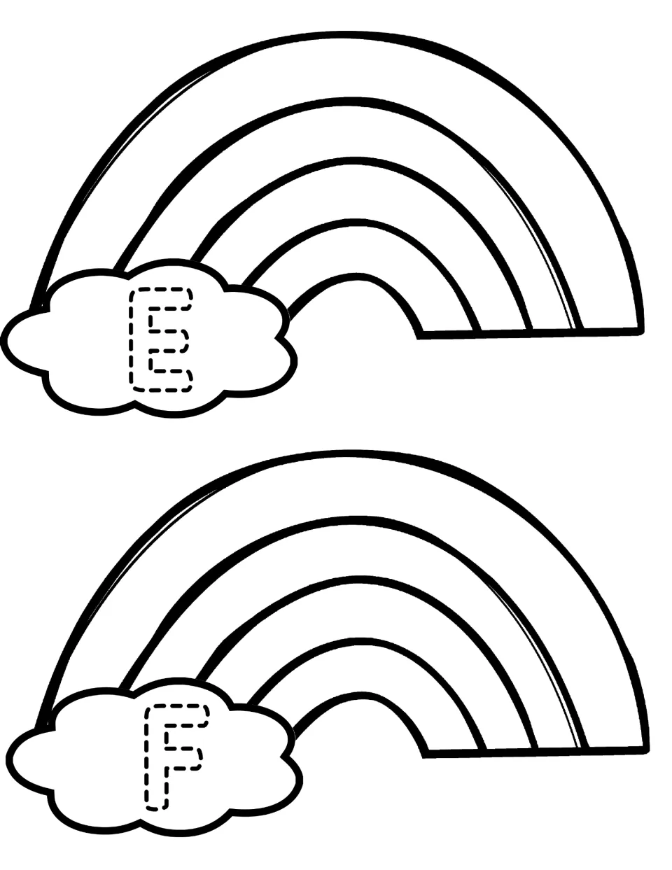 Capital E and F rainbows: students color the arches, trace each uppercase letter and find the matching lowercase e and f