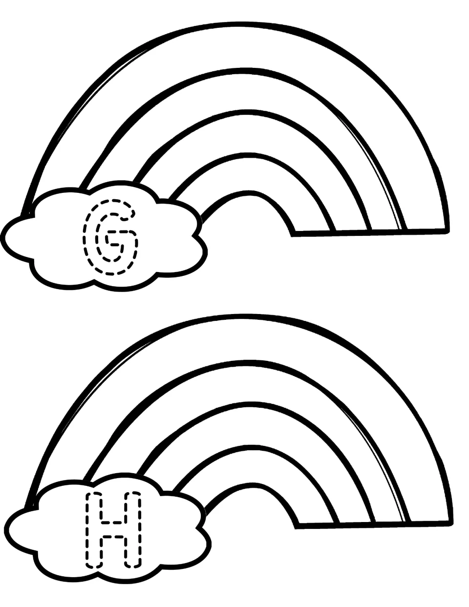 Capital G and H on rainbow clouds for tracing and coloring, then pairing each with its lowercase g and h cloud cut-out