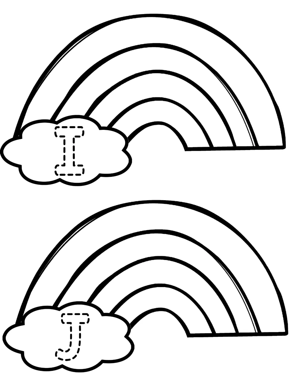 Uppercase I and J rainbow crafts: trace the dotted capital on each cloud, color the bands and match lowercase i and j