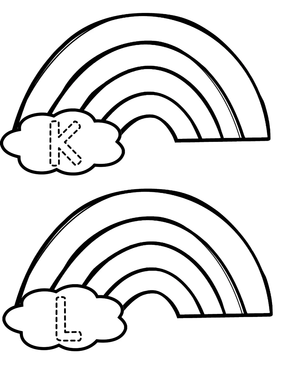 Uppercase K and L rainbows with traceable capitals on clouds, for coloring and matching to the lowercase k and l clouds