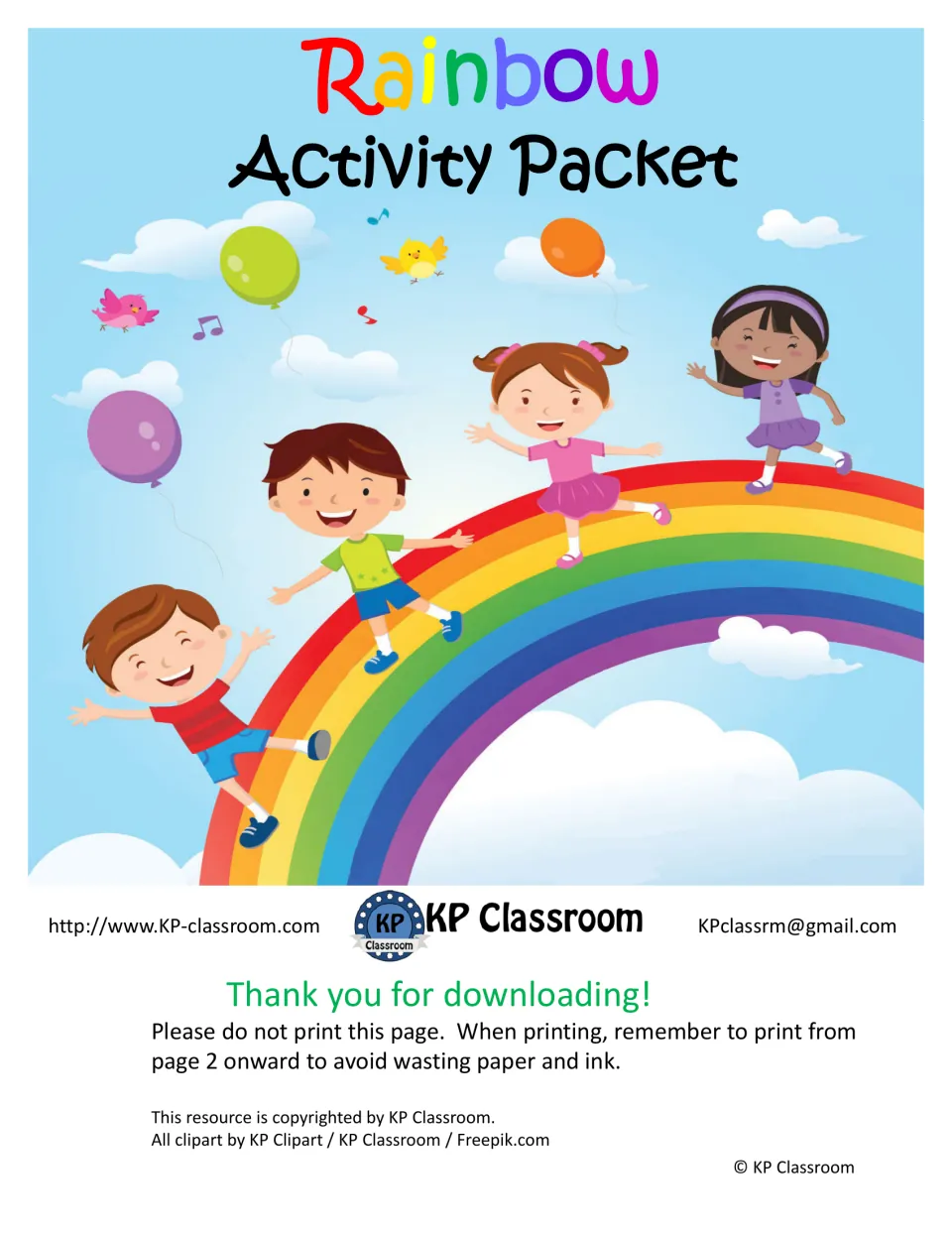 Rainbow activity packet cover from KP Classroom, with instructions to begin printing on page 2