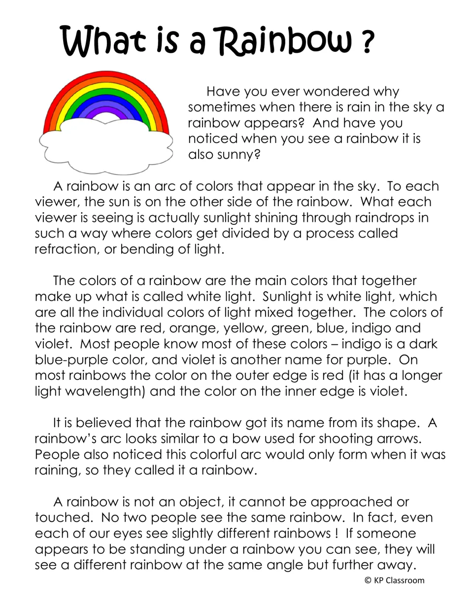 Science reading introduces rainbows, refraction, seven colors, white light, and why rainbows cannot be touched