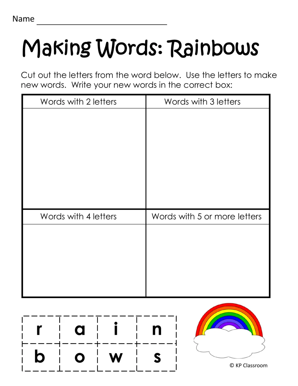 Word-building activity uses cut-out letters from rainbows to make words sorted by two, three, four, or more letters