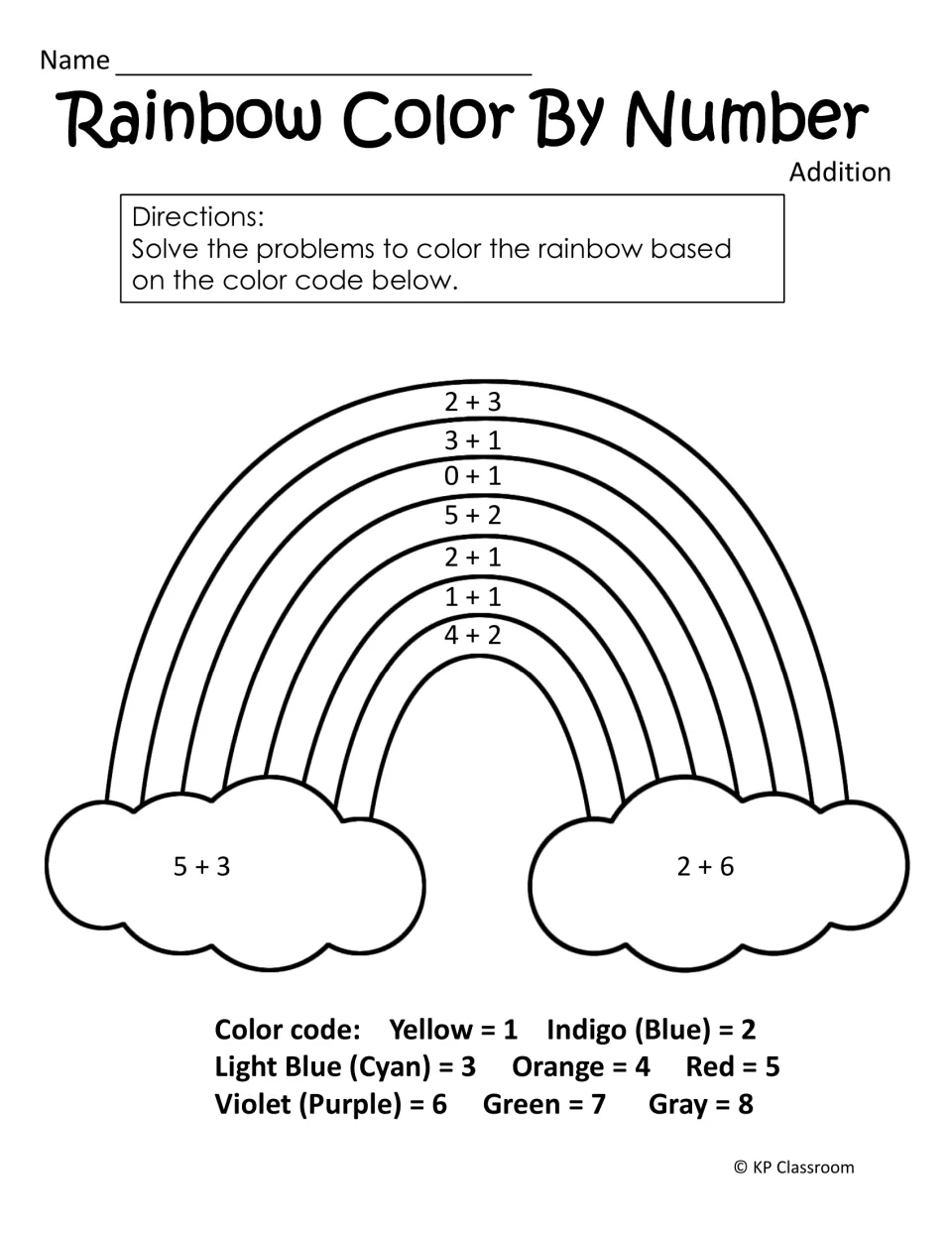 Addition color-by-number activity uses nine sums, including 2 + 3 and 5 + 3, to color a rainbow and clouds