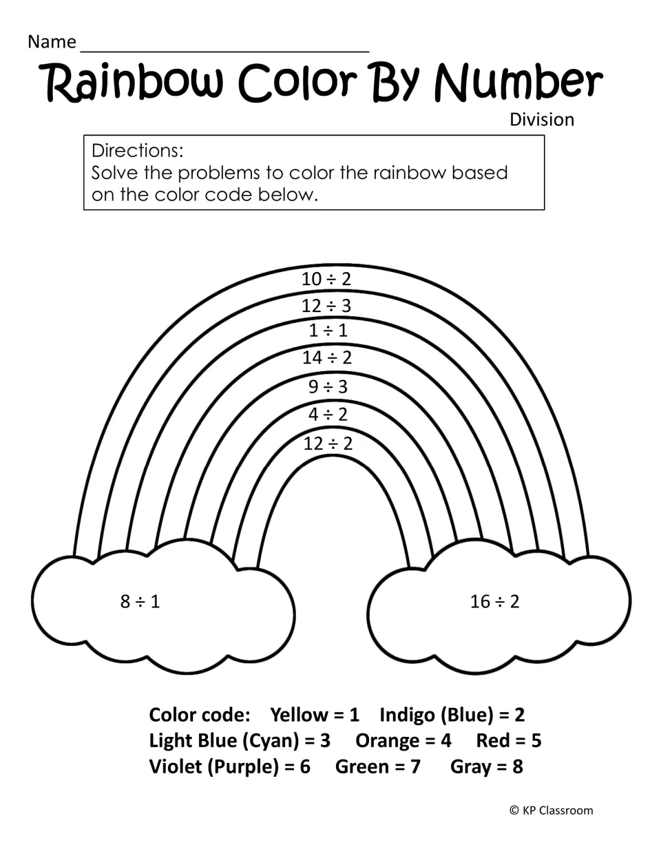 Division color-by-number activity uses nine problems, including 10 ÷ 2, to color a rainbow and clouds