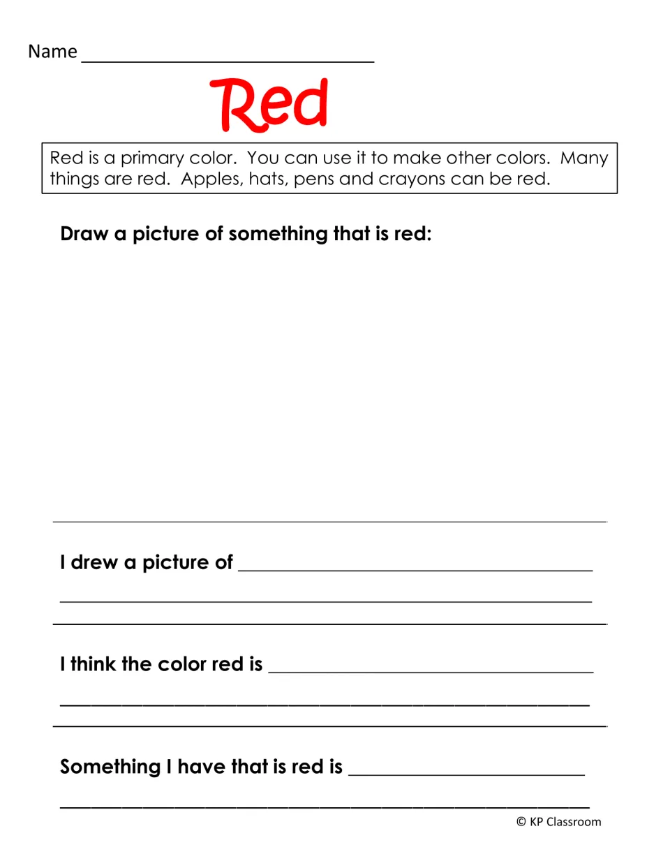 Red color activity introduces a primary color and asks students to draw a red object and complete three prompts