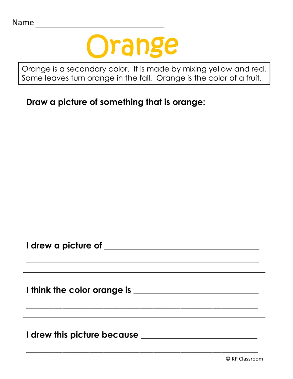 Orange color activity explains mixing yellow and red, then asks for a drawing and three written responses