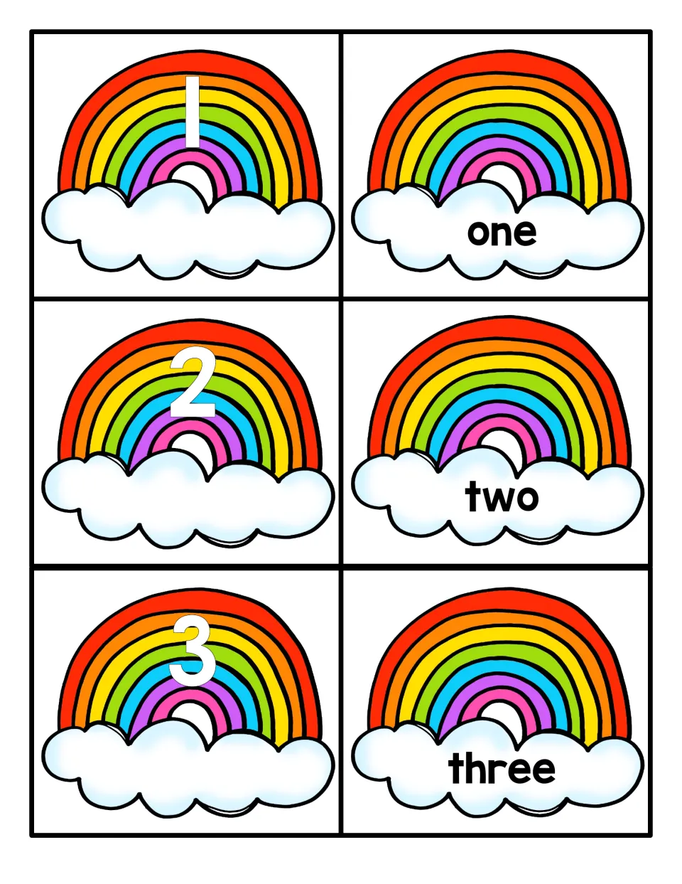Numbers 1 to 3: rainbow cards with numerals 1, 2, 3 beside word cards one, two, three for matching numerals to words
