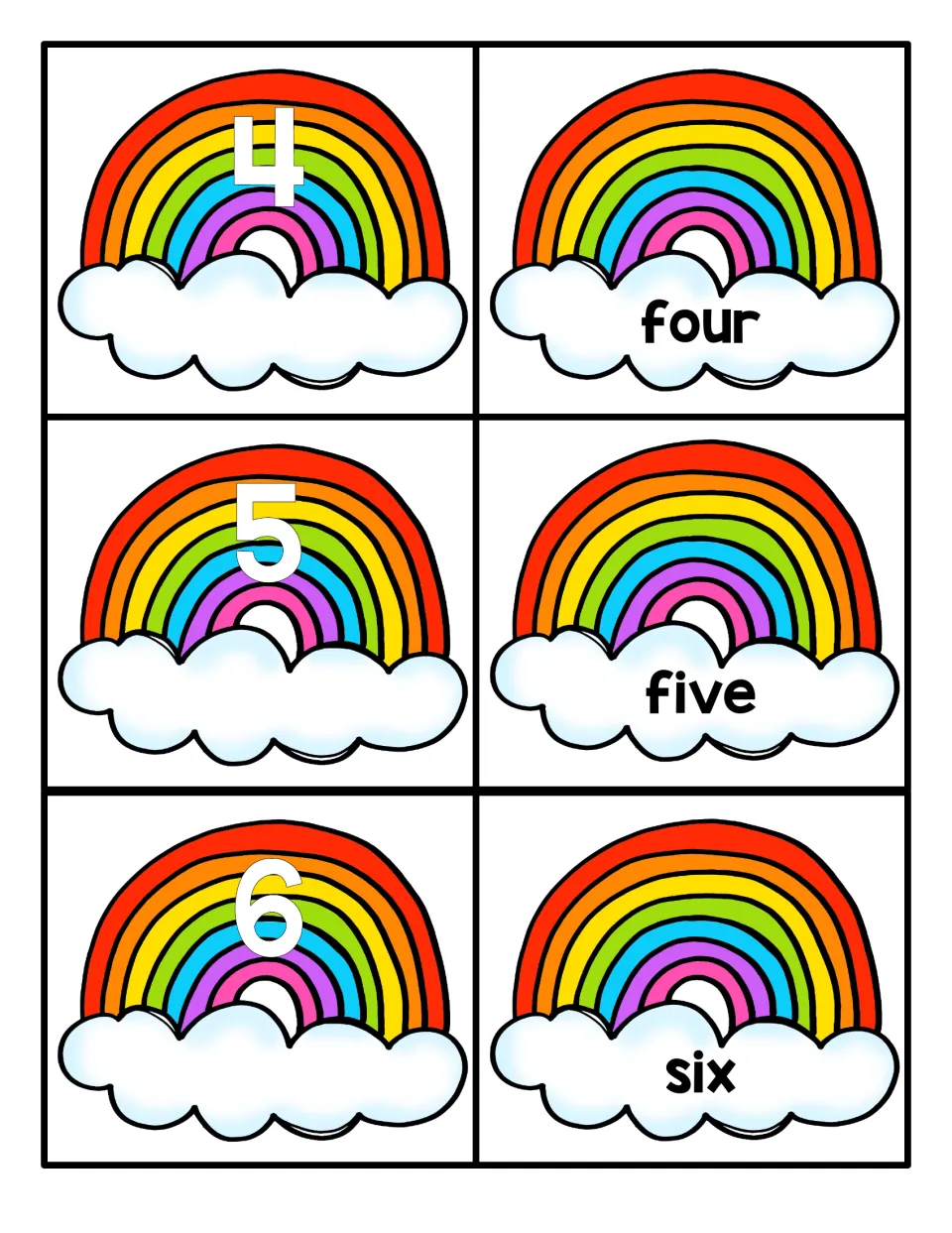 Numbers 4 to 6: rainbow cloud cards pair numerals 4, 5 and 6 with the number words four, five and six to match