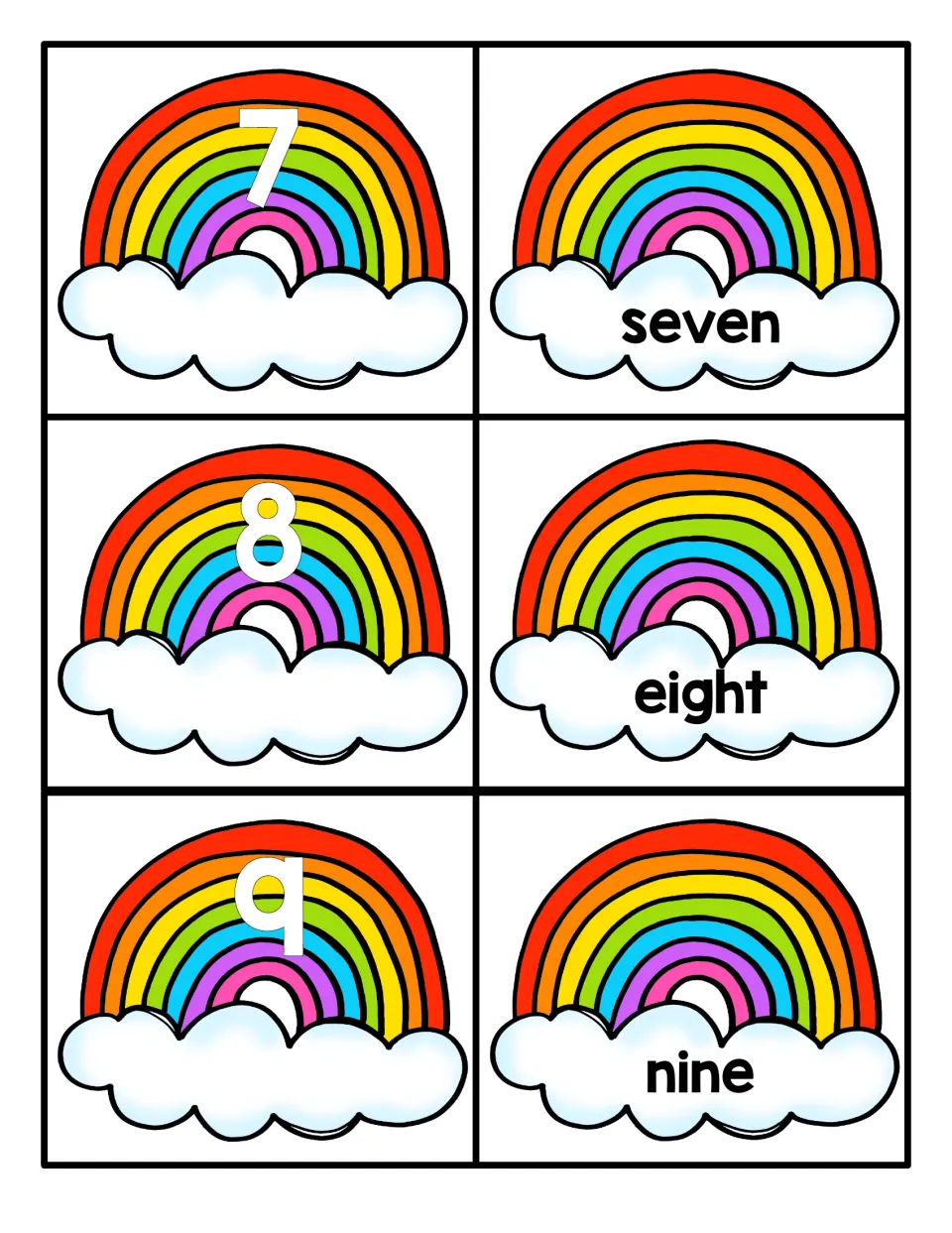 Numbers 7 to 9: students match rainbow numeral cards 7, 8 and 9 to the word cards seven, eight and nine on clouds