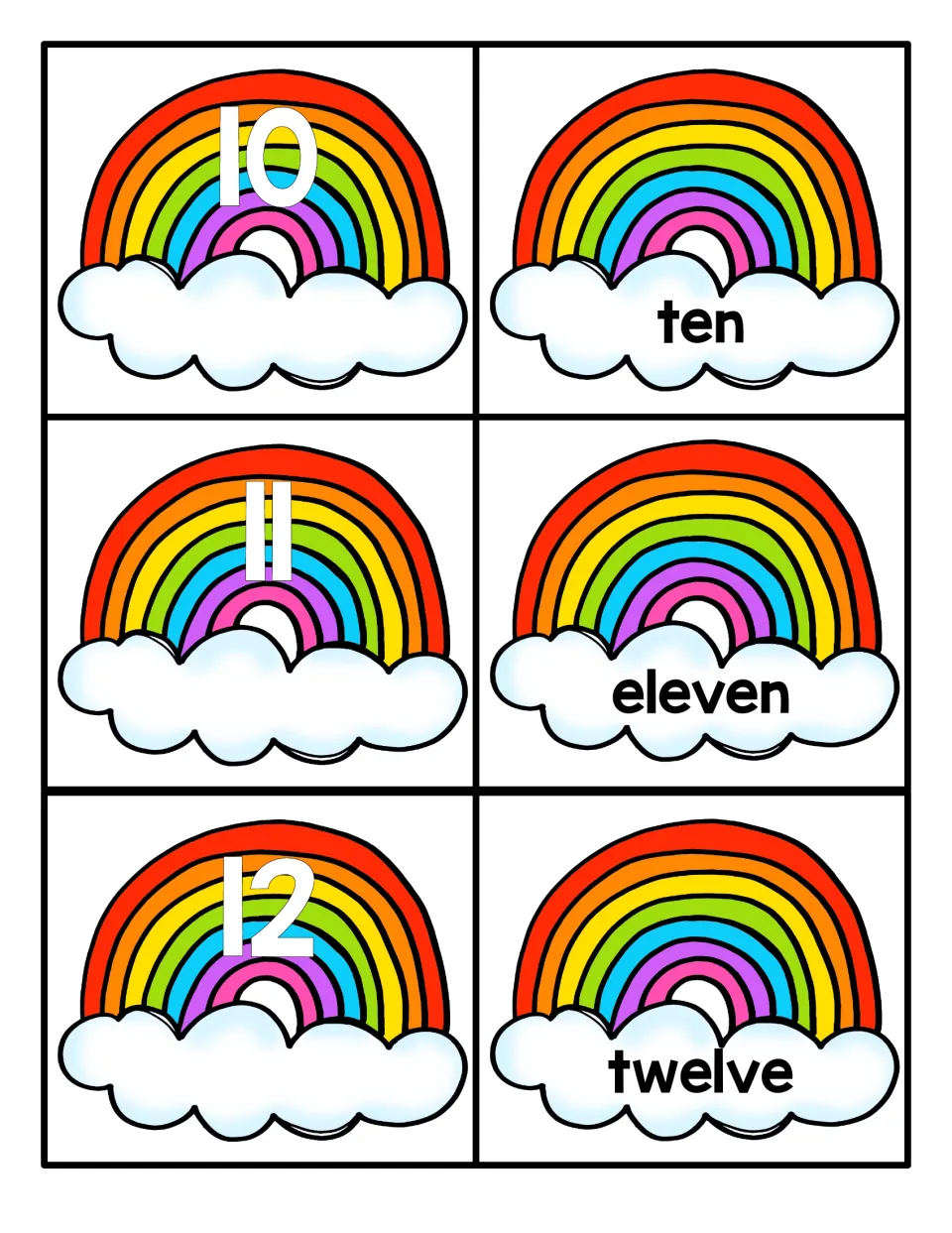 Numbers 10 to 12: rainbow numeral cards 10, 11 and 12 with word cards ten, eleven and twelve for numeral-word pairing