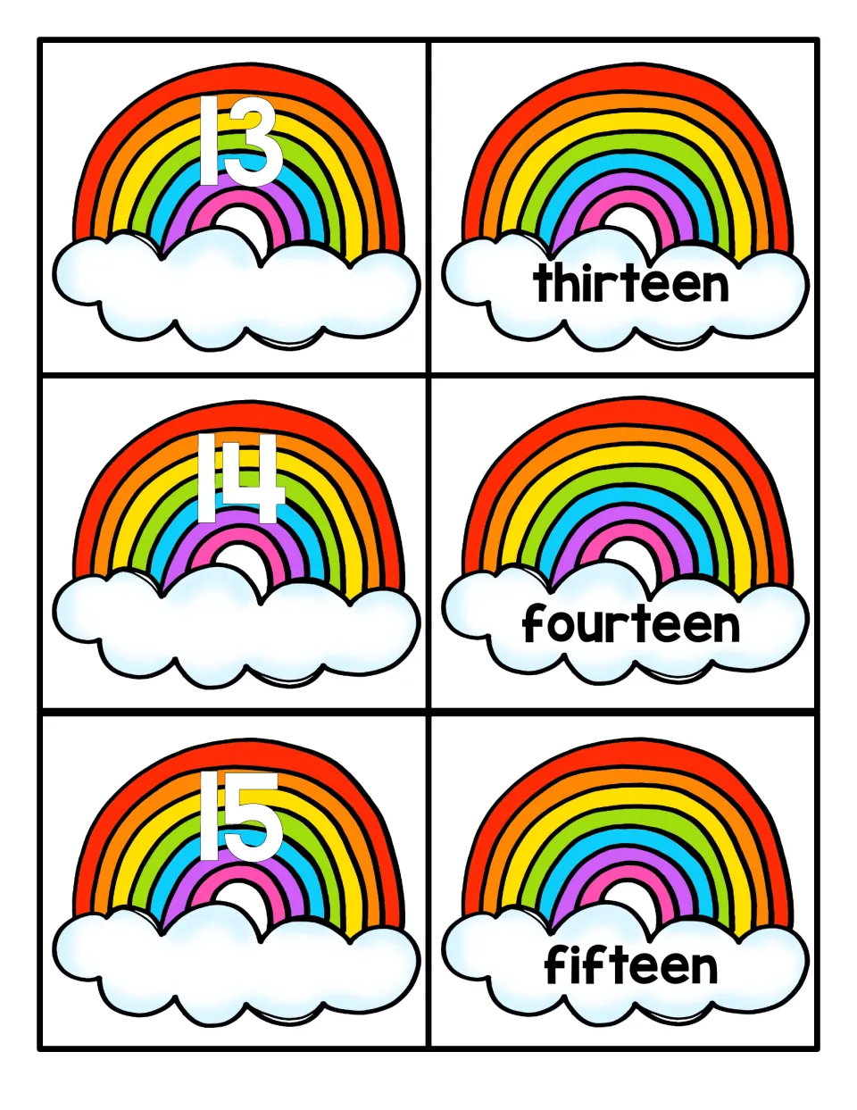 Teen numbers 13 to 15: rainbow cards show numerals 13, 14, 15 and word cards thirteen, fourteen, fifteen to match up
