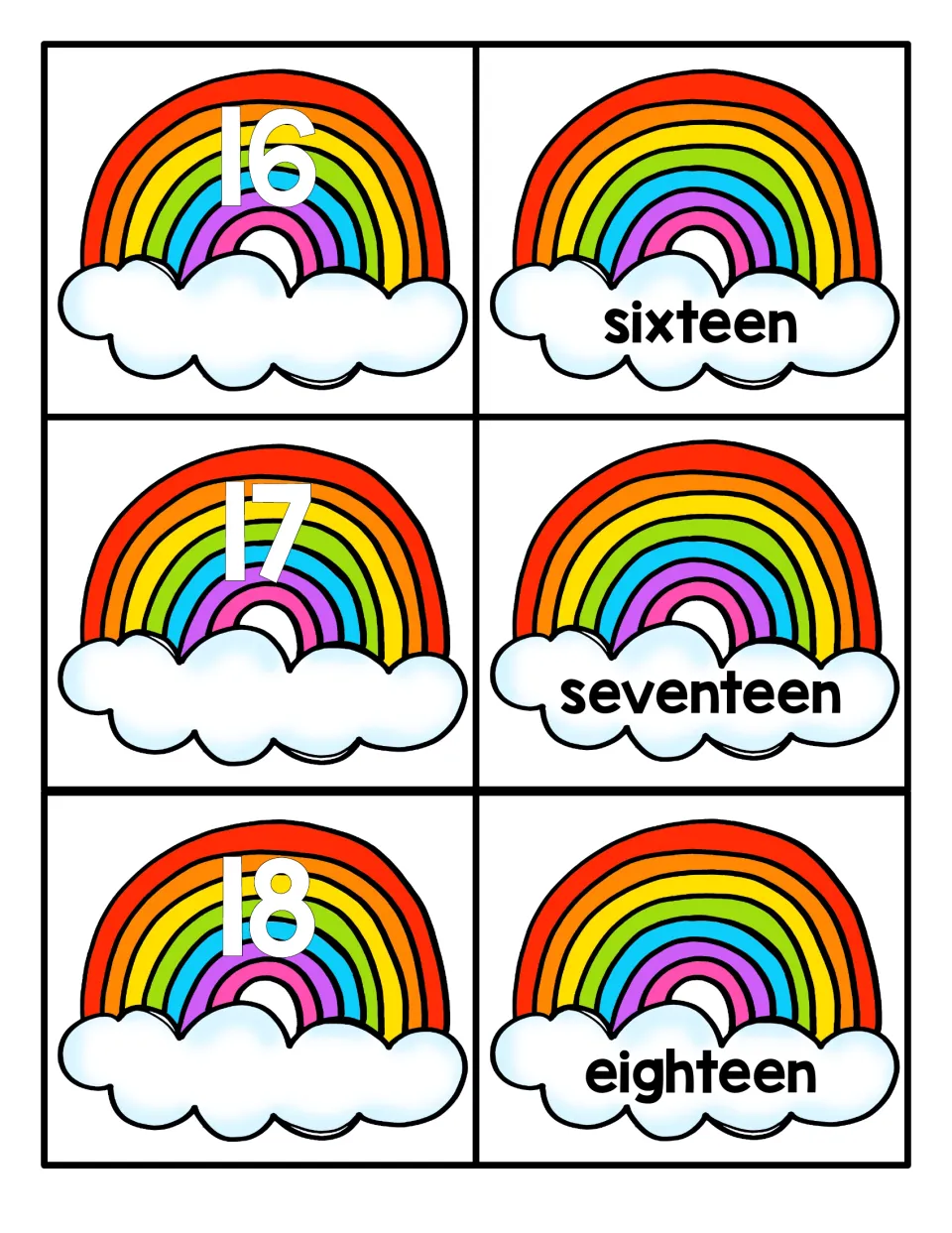 Teen numbers 16 to 18: rainbow numeral cards 16, 17, 18 alongside cloud word cards sixteen, seventeen and eighteen