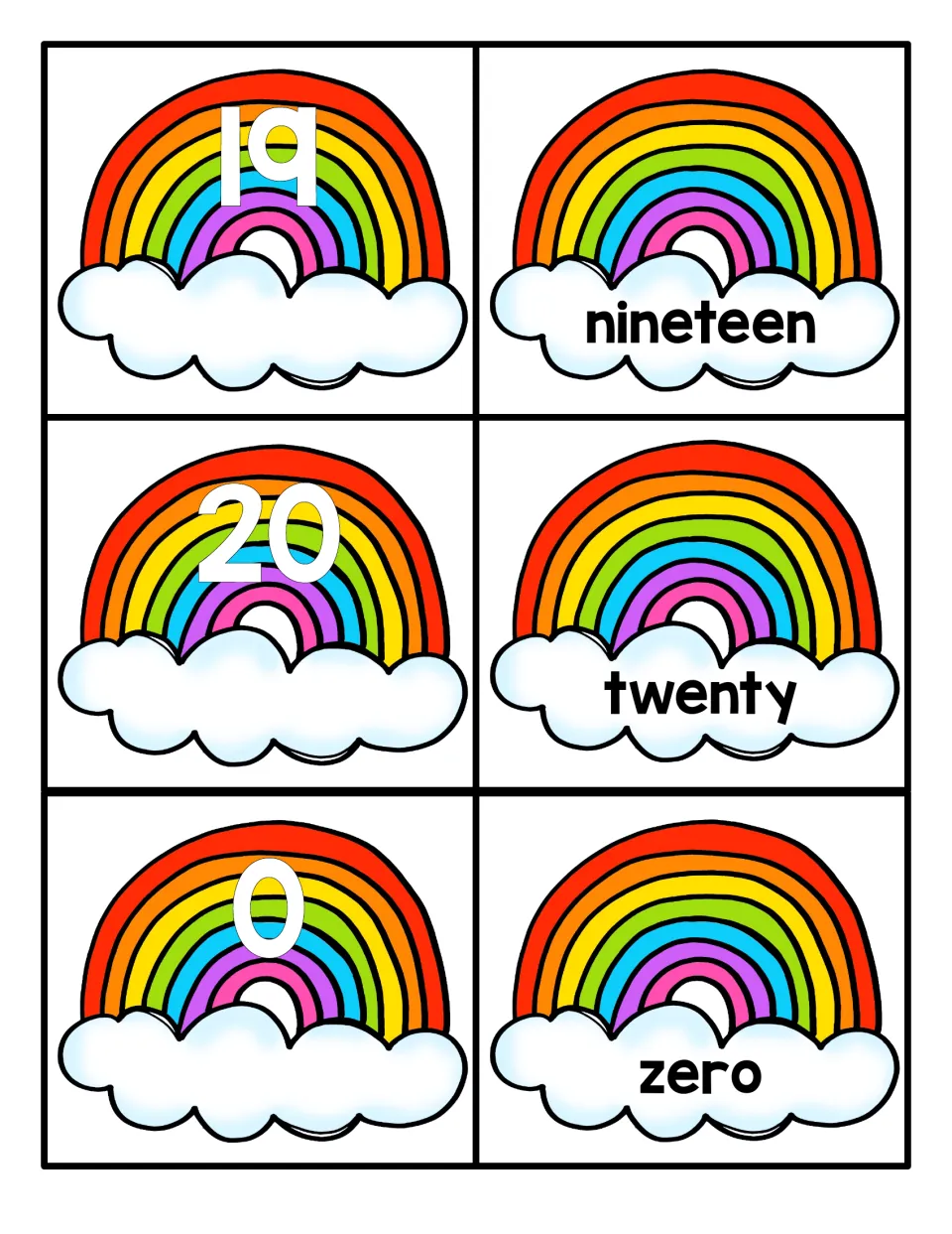 Numbers 19, 20 and 0: rainbow numeral cards paired with word cards nineteen, twenty and zero to finish the 0 to 20 set