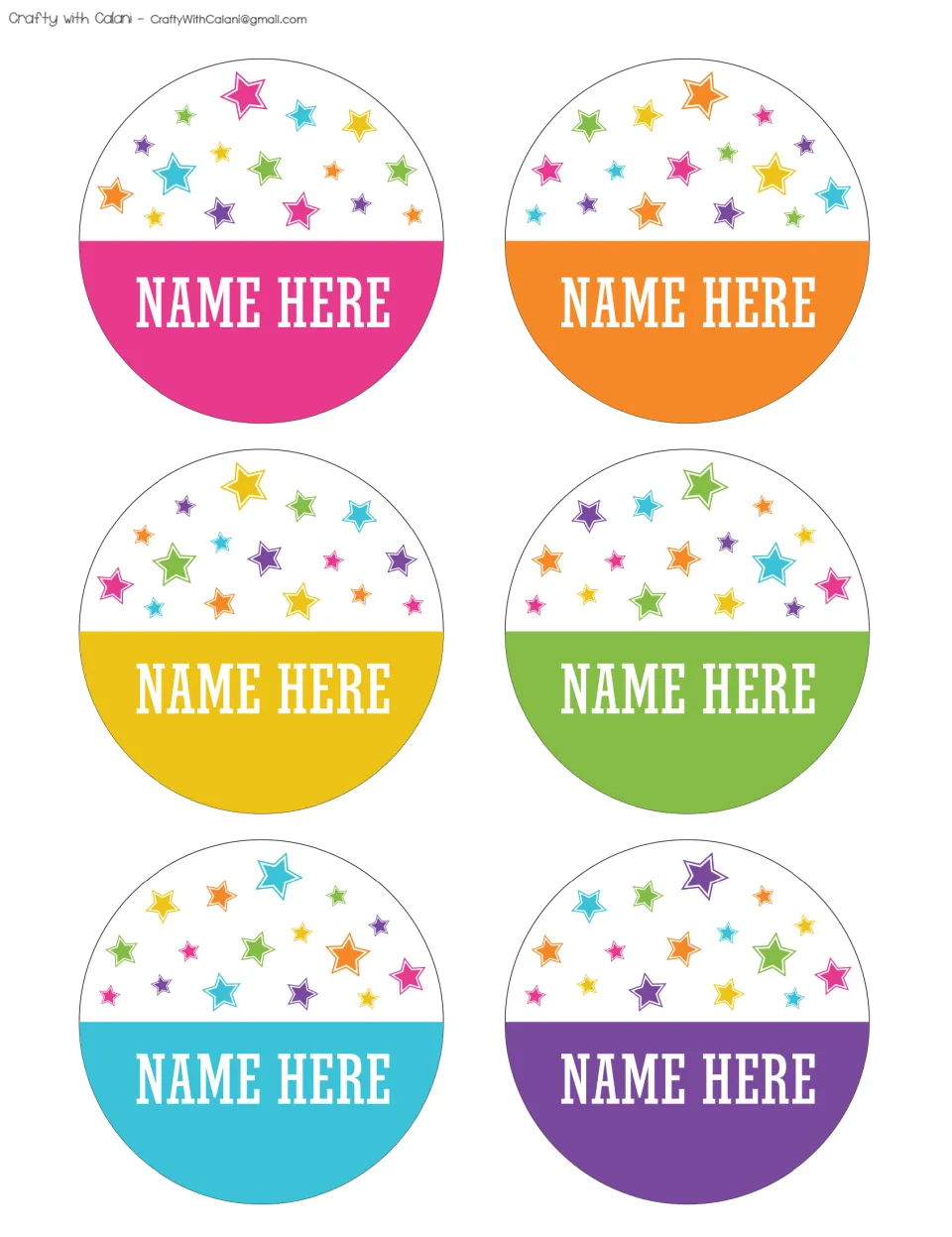 Six circular bulletin board name labels reading 'NAME HERE' in pink, orange, yellow, green, blue and purple