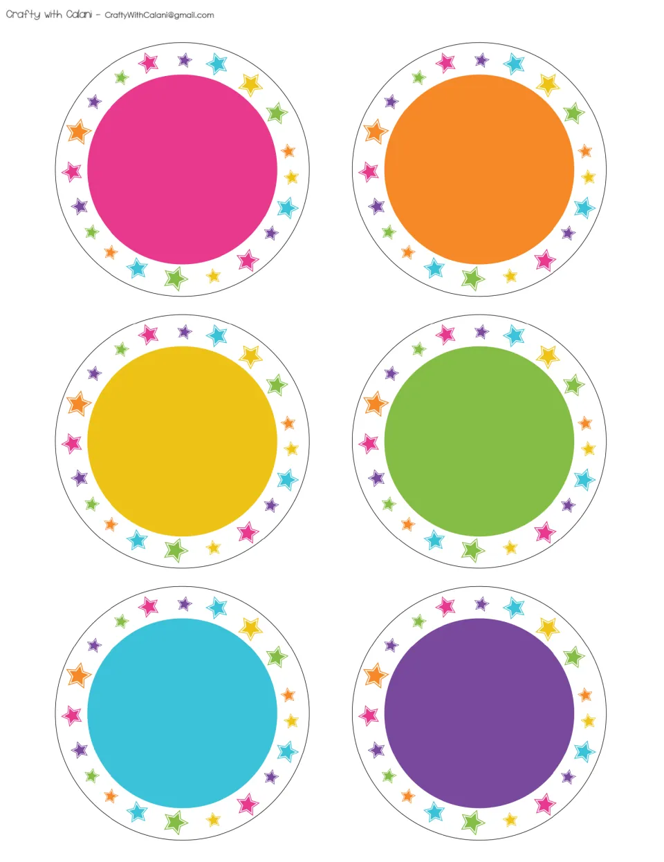 Six blank circular bulletin board pieces with pink, orange, yellow, green, blue and purple centers