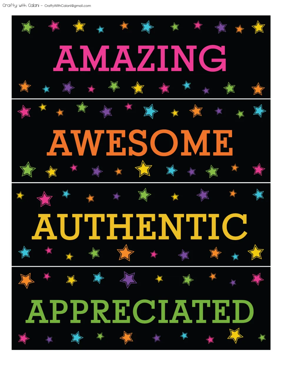Affirmation bulletin board word cards 1–4: Amazing, Awesome, Authentic and Appreciated, printed on one sheet
