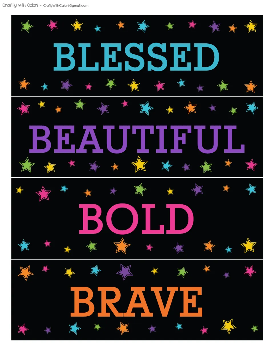 Affirmation bulletin board word cards 5–8: Blessed, Beautiful, Bold and Brave, printed on one sheet