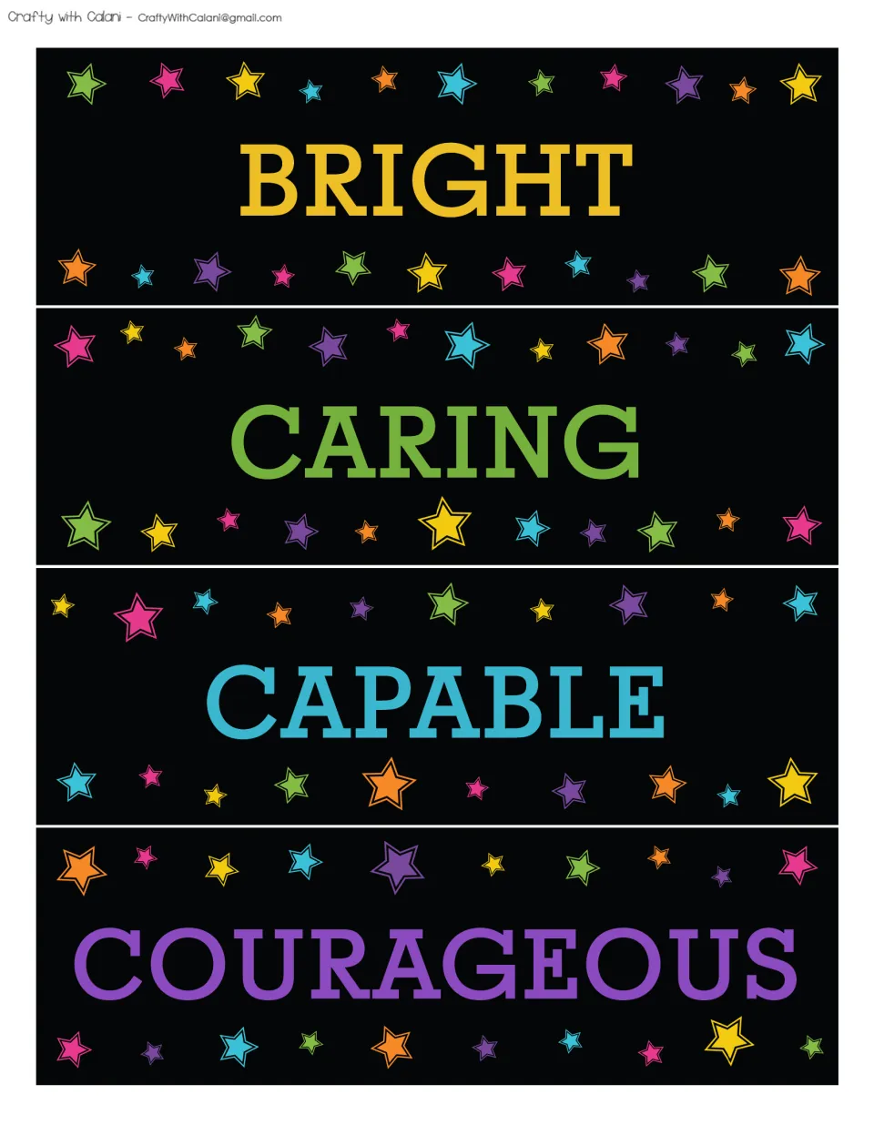 Affirmation bulletin board word cards 9–12: Bright, Caring, Capable and Courageous, printed on one sheet
