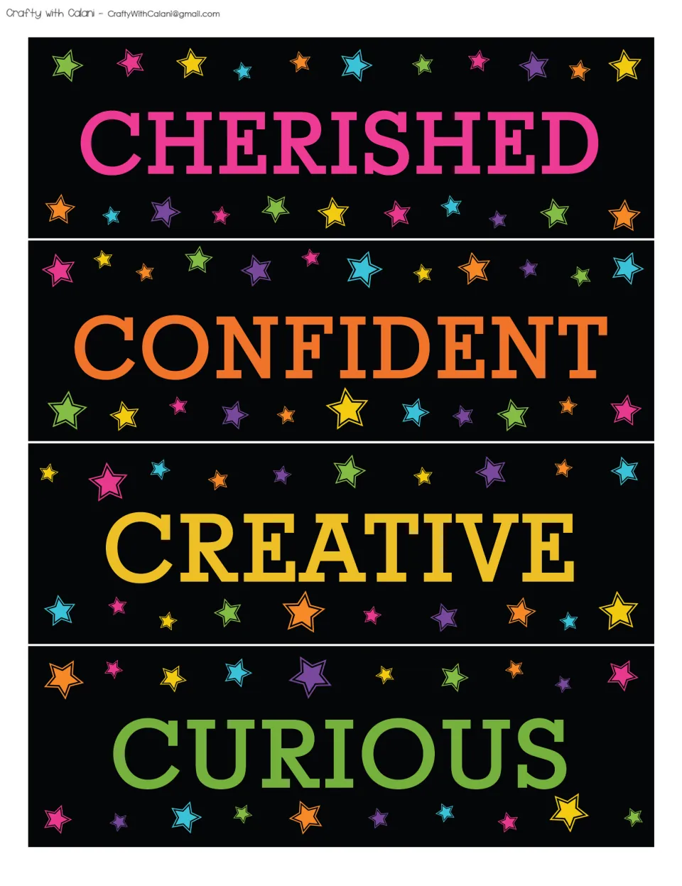 Affirmation bulletin board word cards 13–16: Cherished, Confident, Creative and Curious, printed on one sheet
