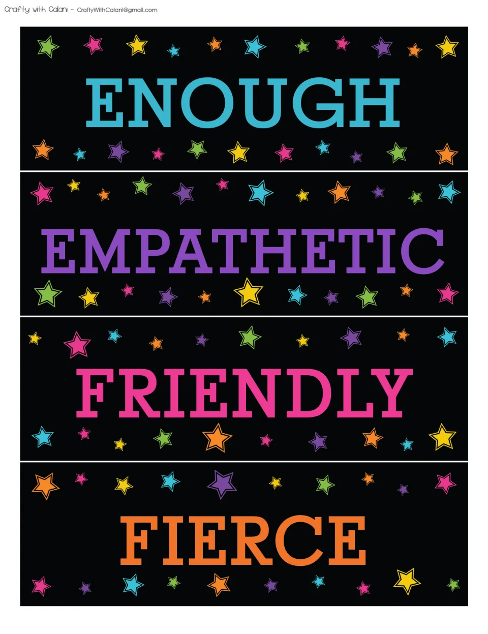 Affirmation bulletin board word cards 17–20: Enough, Empathetic, Friendly and Fierce, printed on one sheet