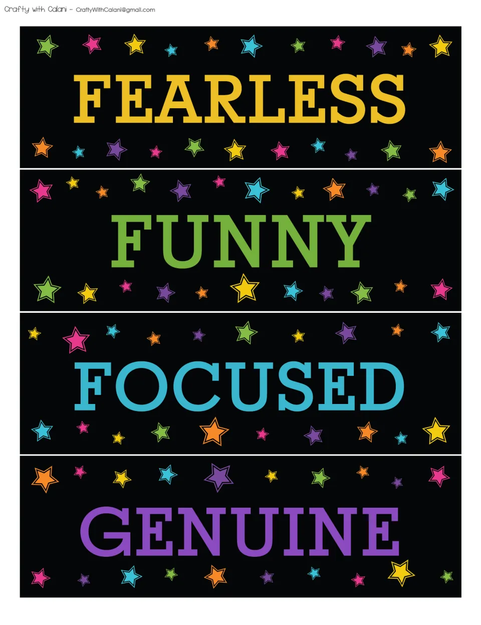 Affirmation bulletin board word cards 21–24: Fearless, Funny, Focused and Genuine, printed on one sheet