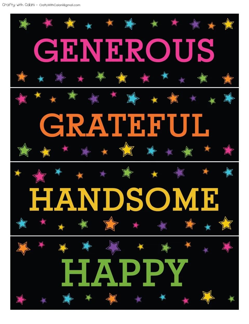 Affirmation bulletin board word cards 25–28: Generous, Grateful, Handsome and Happy, printed on one sheet