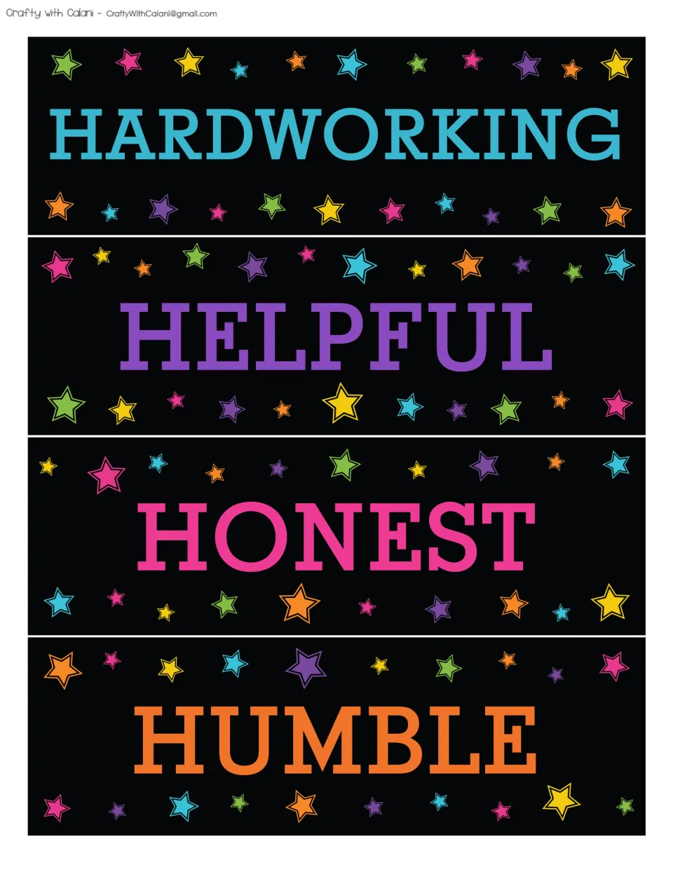 Affirmation bulletin board word cards 29–32: Hardworking, Helpful, Honest and Humble, printed on one sheet