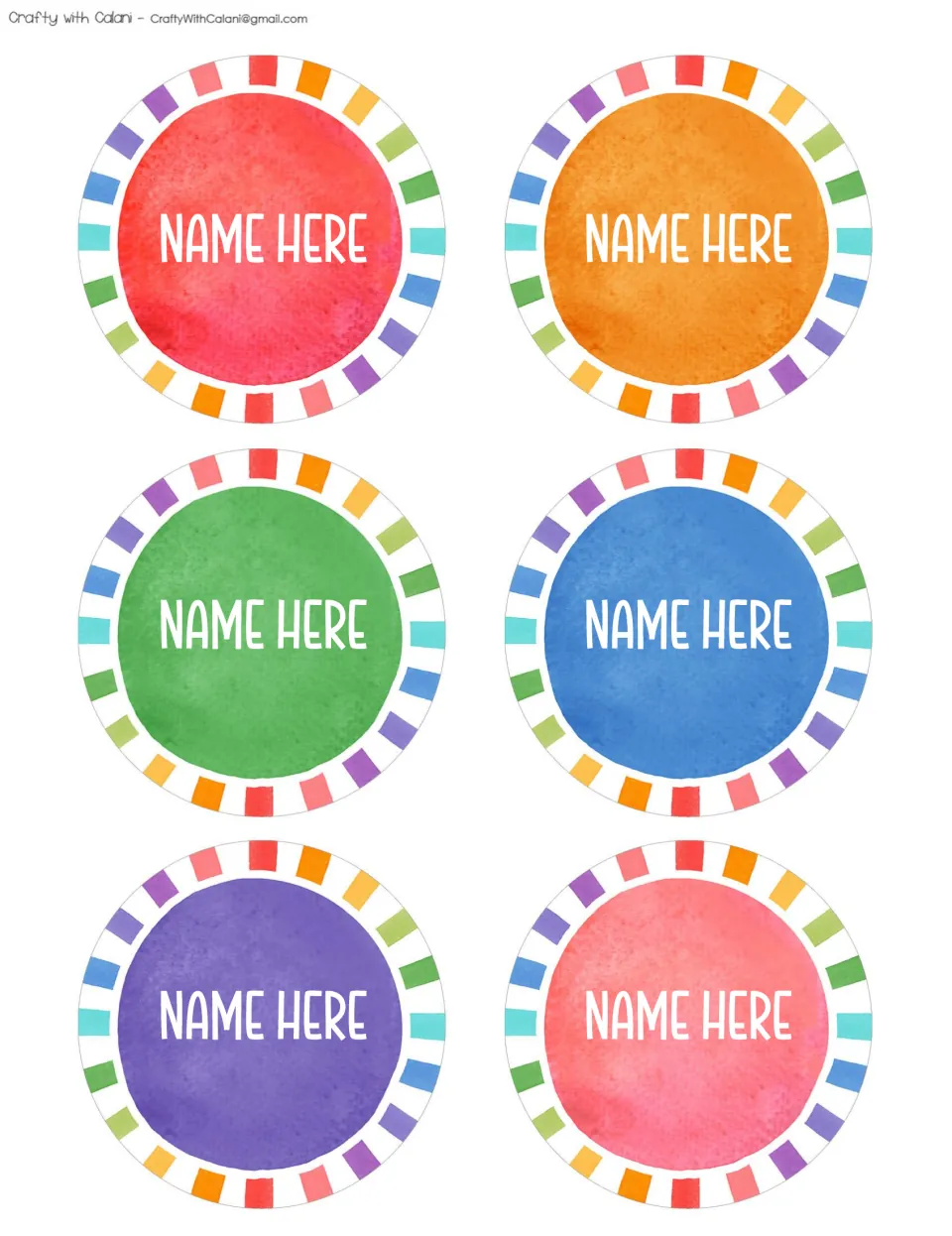 Six circular student name cards for the classroom affirmation bulletin board, each labeled 'NAME HERE'