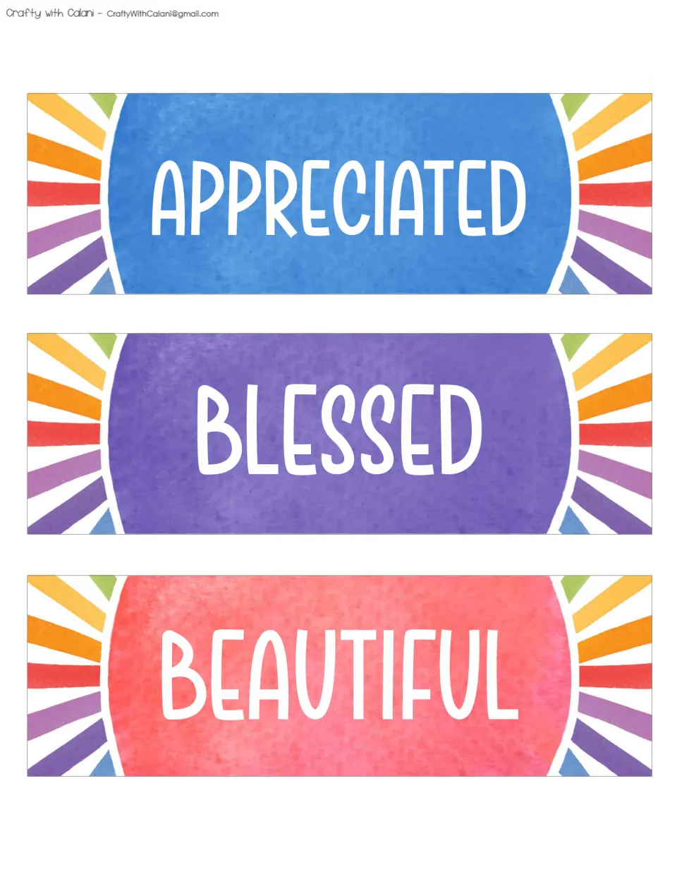 Three positive affirmation cards for the classroom bulletin board: APPRECIATED, BLESSED, and BEAUTIFUL