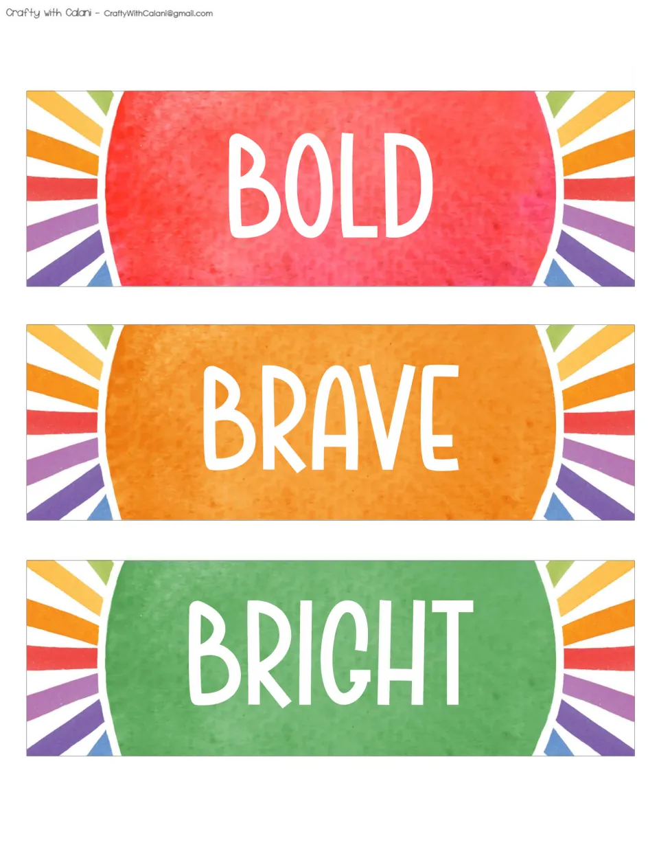 Three positive affirmation cards for the classroom bulletin board display: BOLD, BRAVE, and BRIGHT