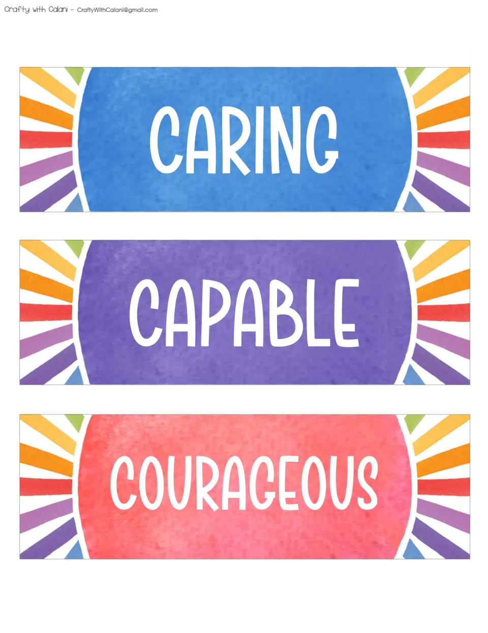 Three positive affirmation cards for the classroom bulletin board: CARING, CAPABLE, and COURAGEOUS