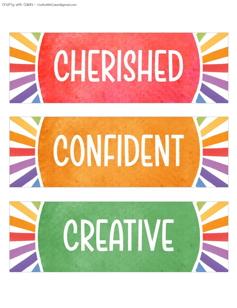 Three positive affirmation cards for the classroom bulletin board: CHERISHED, CONFIDENT, and CREATIVE
