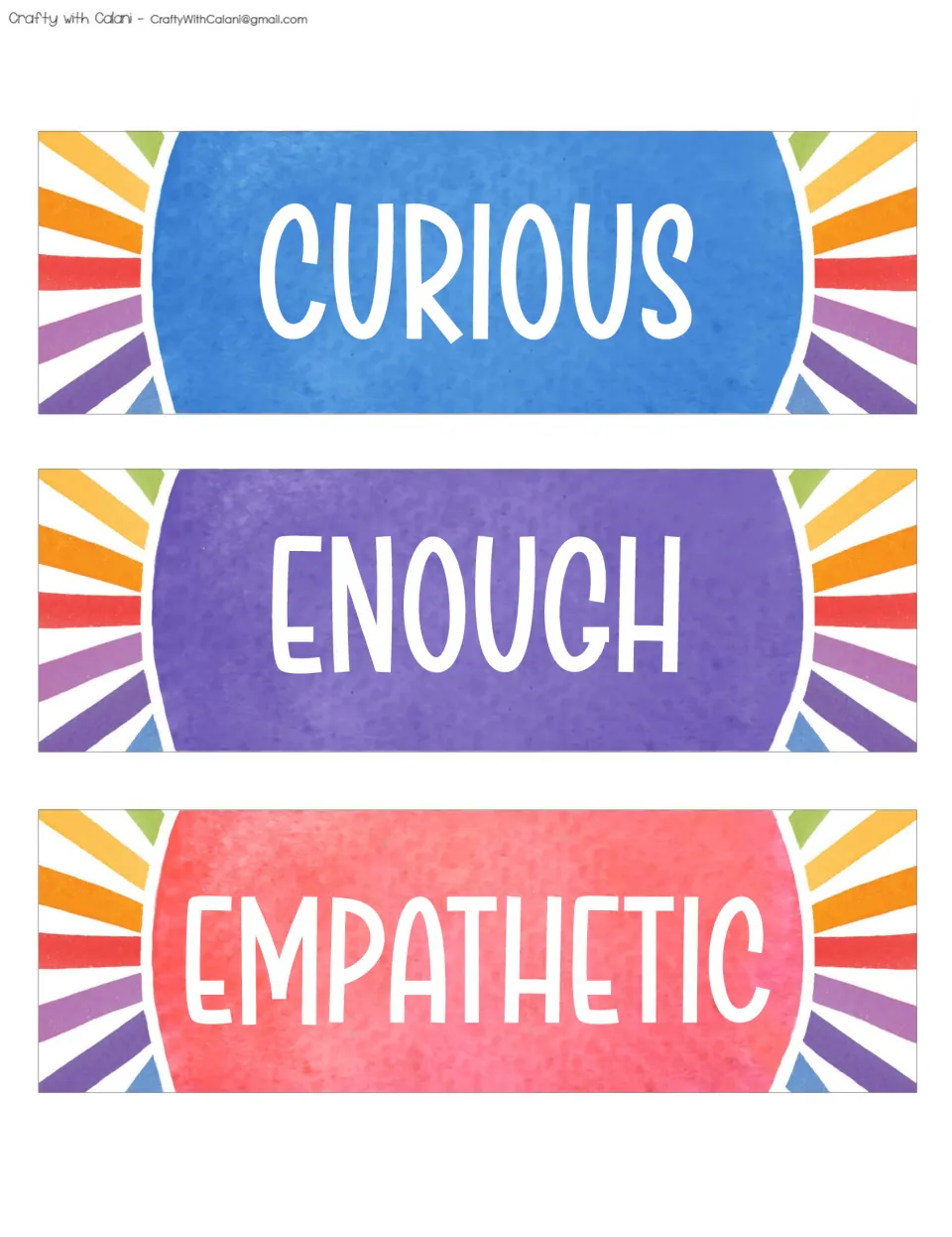 Three positive affirmation cards for the classroom bulletin board: CURIOUS, ENOUGH, and EMPATHETIC