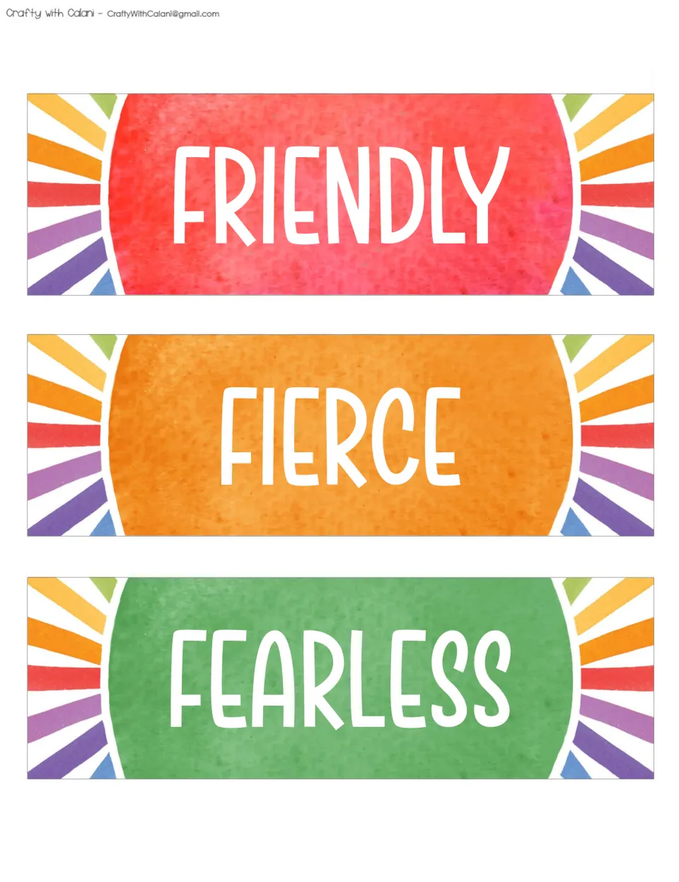 Three positive affirmation cards for the classroom bulletin board: FRIENDLY, FIERCE, and FEARLESS