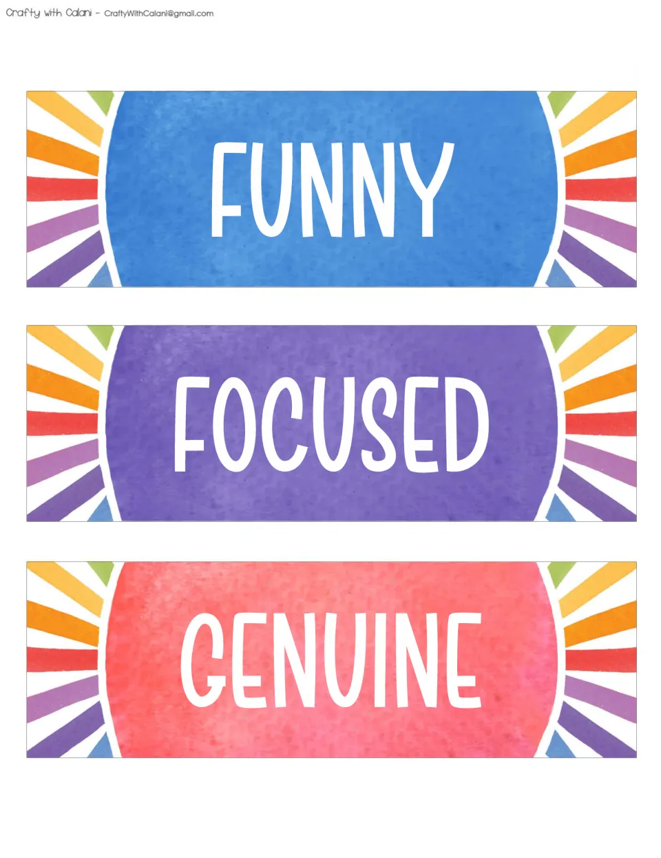 Three positive affirmation cards for the classroom bulletin board display: FUNNY, FOCUSED, and GENUINE