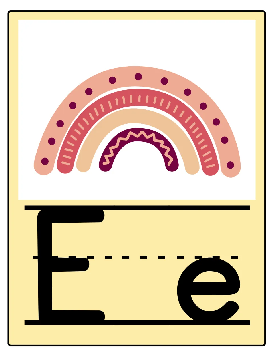 Alphabet poster 5 of 26: uppercase E and lowercase e for classroom display and letter-shape reference.
