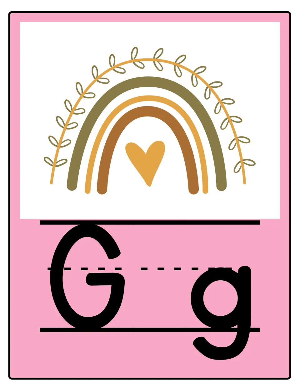 Alphabet poster 7 of 26: uppercase G and lowercase g for classroom display and letter-shape reference.