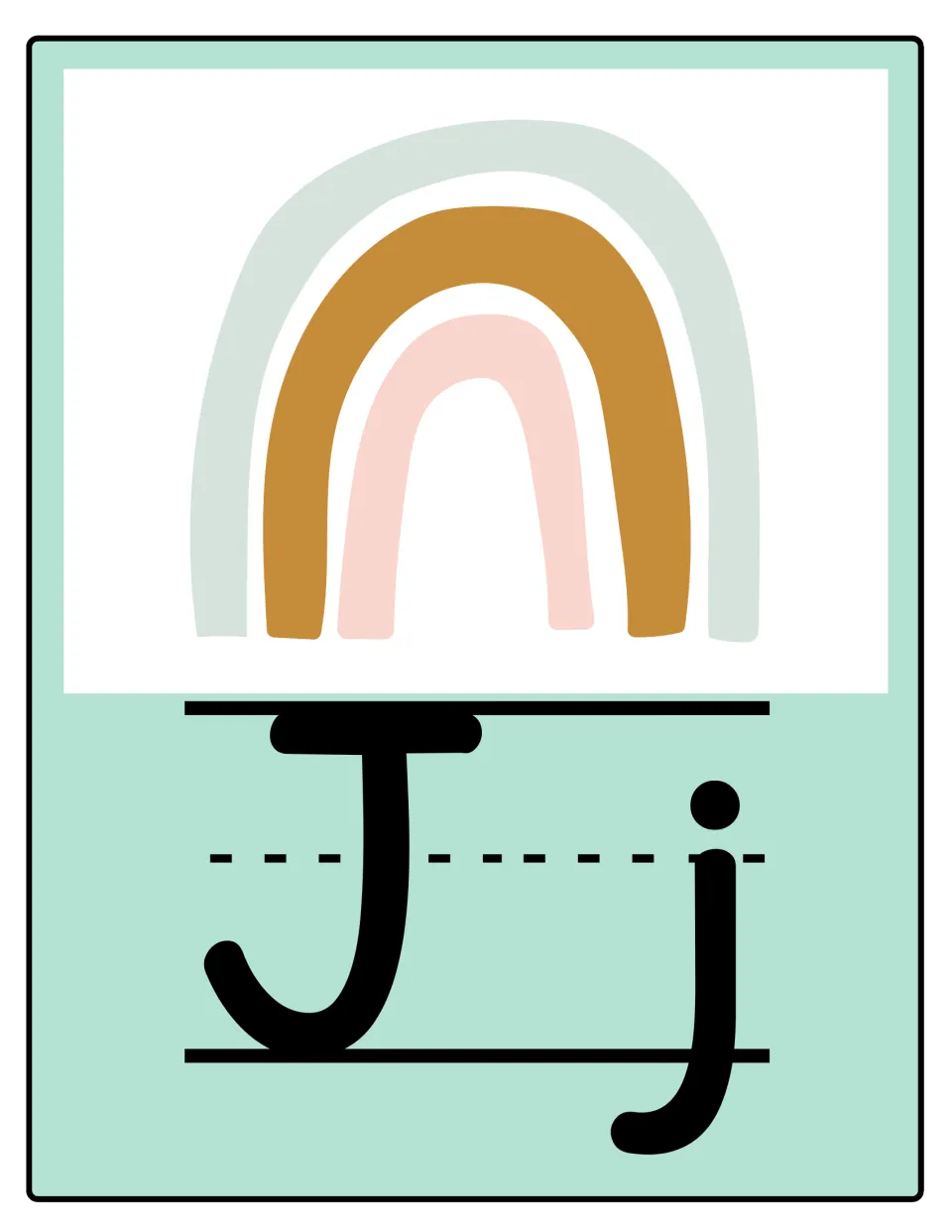 Alphabet poster 10 of 26: uppercase J and lowercase j for classroom display and letter-shape reference.