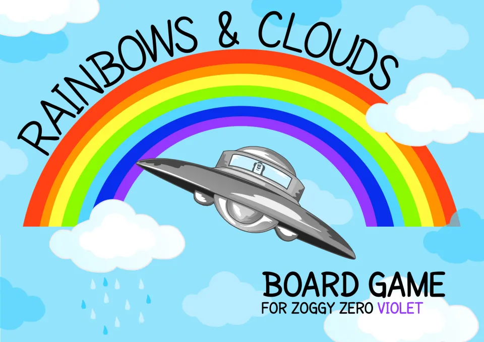 Rainbows & Clouds board game cover for Zoggy Zero Violet, showing a silver flying saucer under a rainbow
