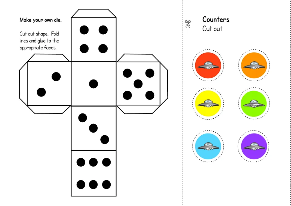 Make your own die: students cut out and fold a dot die net, plus six colored flying saucer counters to cut out