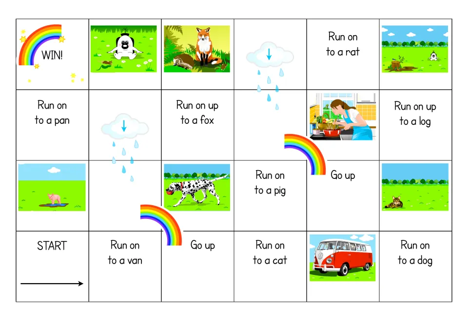 Game board: players read short-vowel phrases like Run on to a van and Run on up to a fox, from START to WIN!