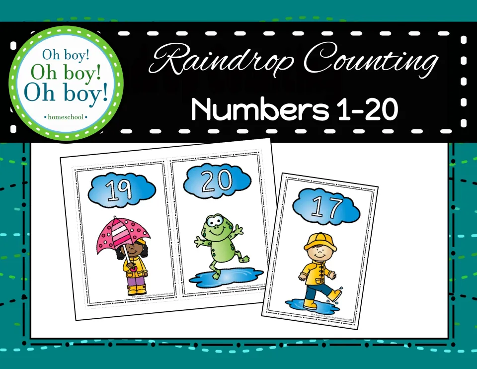 Cover: rainy-day number cards 1-20, shown by cloud numerals 17, 19 and 20 over a girl with umbrella, a frog and a boy